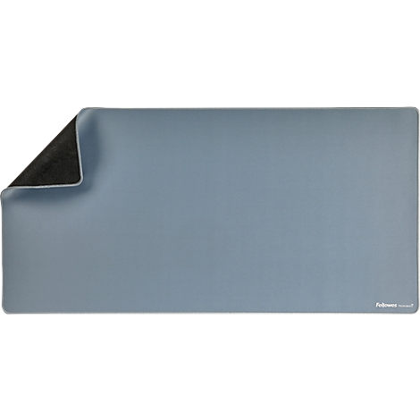 Light blue mouse pad. Corner with black fabric. Fellowes logo in the bottom right.
