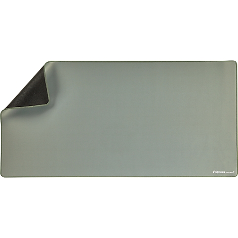 Large, gray mouse pad with a dark, textured underside. The corner is rolled up to show the underside.