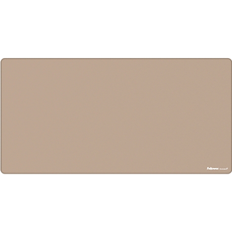 Beige desk mat with rounded corners and company logo.