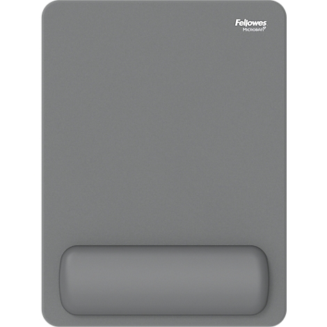 Grijs ergonomisch muismat met polssteun. "Fellowes" staat in witte letters rechtsboven.