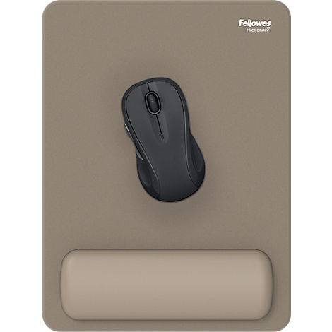Beige muismat met polssteun. Het "Fellowes" logo staat in de rechterbovenhoek.