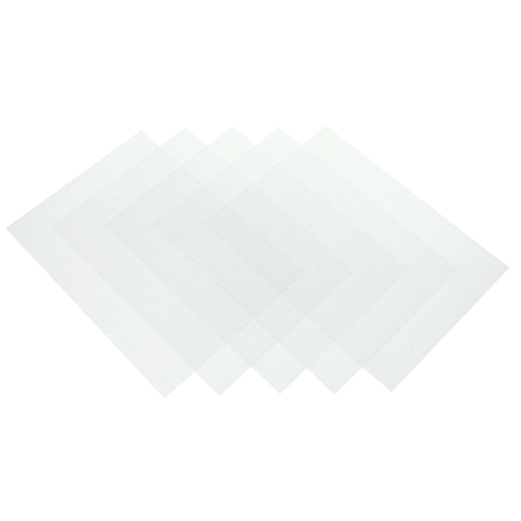 Several transparent, square sheets overlaid, partially translucent. The sheets are white and arranged slightly overlapping.