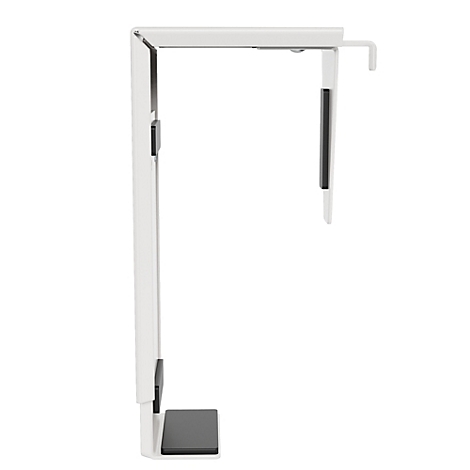 Ein höhenverstellbarer Schreibtisch mit zwei Monitoren. Der Schreibtisch ist hell und hat weiße Beine.