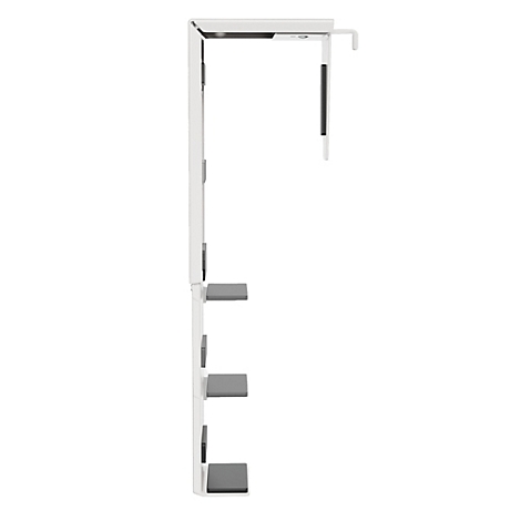 Witte pc-houder met zwarte details. Het product heeft een rechthoekige vorm en een schuine arm.