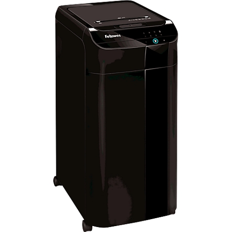 Déchiqueteuse de papier noire avec roues. Le logo Fellowes est placé en haut.