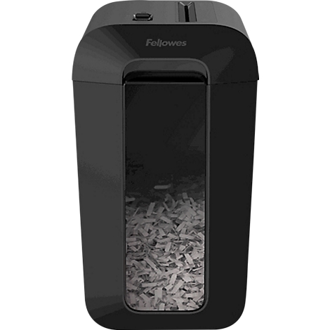 Déchiqueteuse de papier noire remplie de papier déchiqueté. Le nom de la marque Fellowes est inscrit en haut.