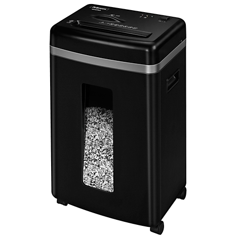 Black paper shredder with a transparent viewing window. Shredded paper visible. Paper entry slot at the top.