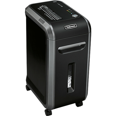 A black shredder with silver accents stands on wheels. The Fellowes logo is visible on the front.