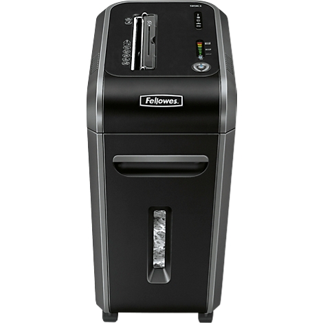 Black Fellowes shredder. Paper feed slot at top, level indicators, and a window showing shredded paper.