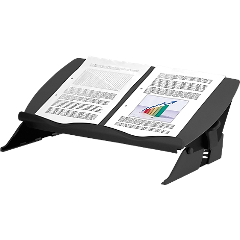 Black book stand holding two sheets of paper displaying diagrams and text.