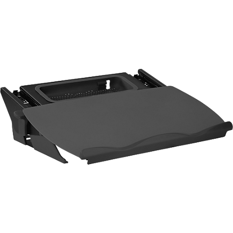 Dark gray, pull-out drawer with a slightly curved work surface and a storage tray.