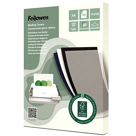 Packung Fellowes Bindedeckel im A4-Format, 50 Blatt, 150g, mit FSC-Zertifizierung.