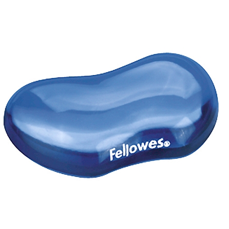 Blaues ergonomisches Handgelenkpad in Bohnenform mit dem Logo von Fellowes.