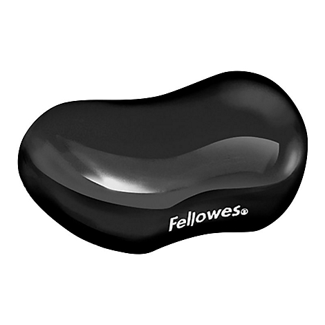 Schwarze, ergonomische Handgelenkauflage, geformt wie eine Bohne, mit "Fellowes"-Logo.
