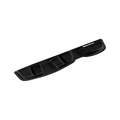 Schwarze Handgelenkstütze für Tastatur. Ergonomisches Design mit drei gepolsterten Bereichen und Firmenlogo.