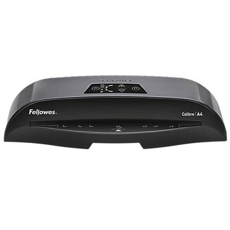 Black laminator with the inscription "Fellowes Calibre A4". Control panel with symbols.
