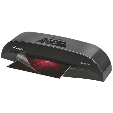 Black laminator, a sheet is being laminated. On the sheet a red star pattern, next to it says Fellowes, Calibre A4.