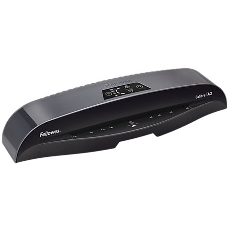 Dark gray laminator with digital display and "Fellowes Calibre A3" text.