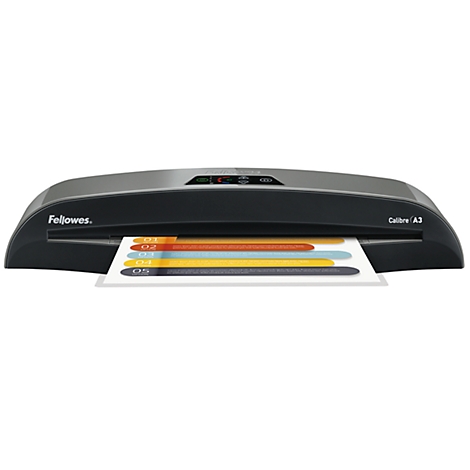 Black laminator with laminated paper with colored bars. The device says "Fellowes" and "Calibre A3".