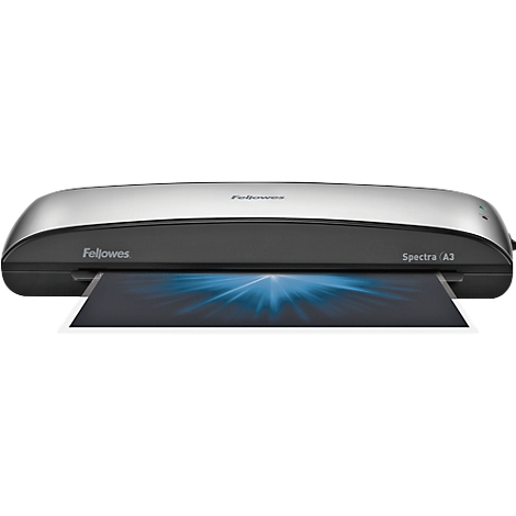 Fellowes Spectra A3 laminator, silver and black. A sheet with a blue light effect is coming out.