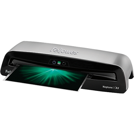 A silver and black laminator with the "Fellowes" logo. Paper is fed through an opening showing a green light beam. "Neptune A3" is printed.