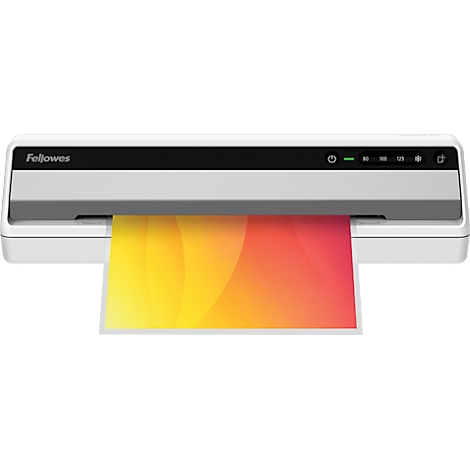 A laminator laminates a sheet of paper with a yellow-orange gradient.