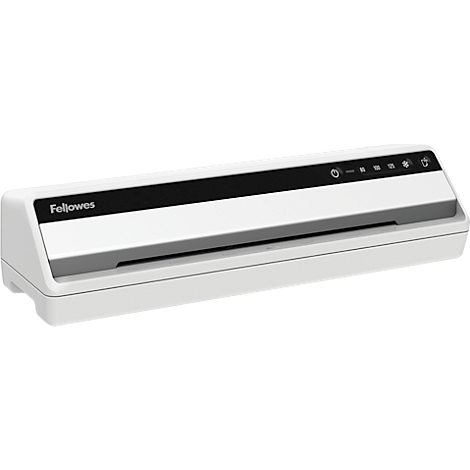 White laminator with black top and control panel, Fellowes brand.