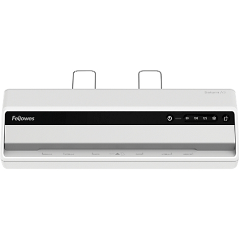 White Fellowes laminator. Black stripe with controls and text, two metal handles on top.