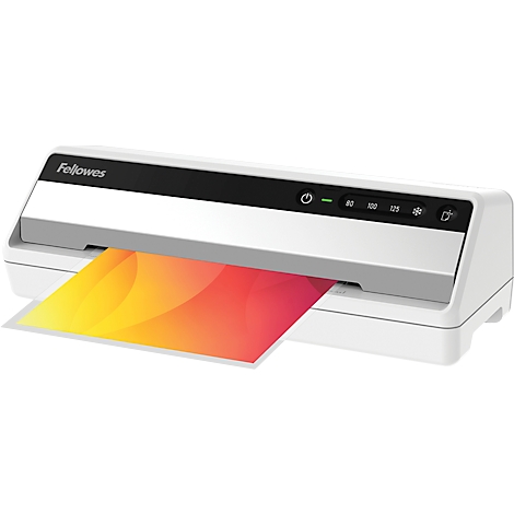 White laminator with a colorful sheet of paper coming out. The device says Fellowes.