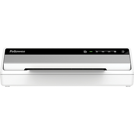 White Fellowes laminator. Black top, control panel with icons. White housing, with black slot.