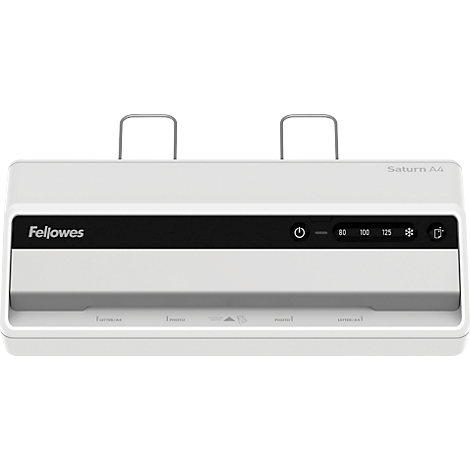White laminator with black controls. Two handles at the top, labeled "Fellowes" and "Saturn A4".