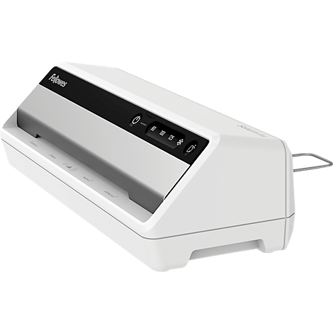White laminator, black control panel, Fellowes brand, buttons, temperature display.