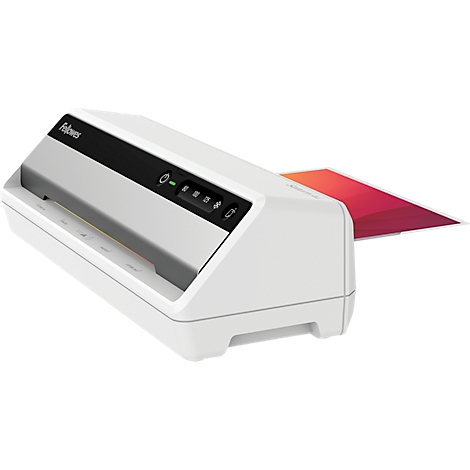 White laminator with red sheet. Buttons and the "Fellowes" logo are visible on the device.