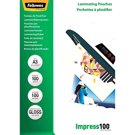 A laminating pouch with a white background. Prints: Fellowes, A3, 100 sheets, 100 microns, gloss. A person can be seen in the background.