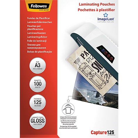 A pack of laminating pouches next to a laminator. Details: A3 size, 100 sheets, 125 microns, gloss. Text: "Fellowes", "Image Last".