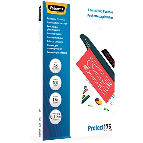 A product image showing laminating pouches with a menu card in front of a laminating machine.