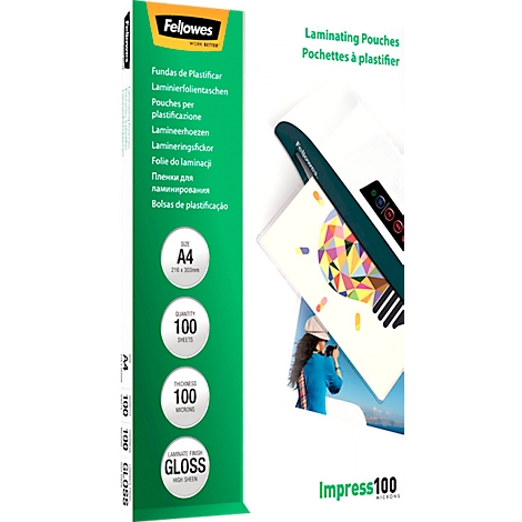 Green Fellowes laminating pouch packaging with multilingual text and "Gloss" label.