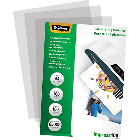Clear laminating pouches by Fellowes with packaging. Text: A4, 100 sheets, 100 microns, gloss.