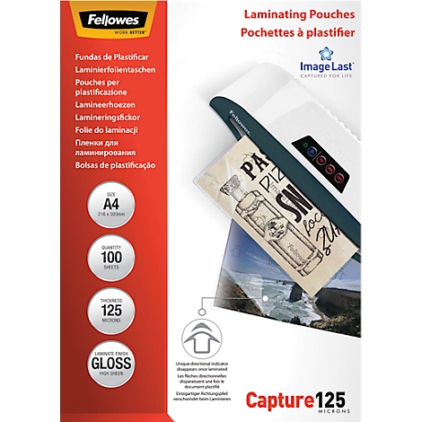 A Fellowes laminating pouch package. On the right is a laminator with a laminated note being inserted.