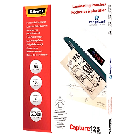 A package of laminating pouches with information on size, quantity, and thickness. A laminated document is shown on the package.