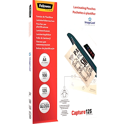 Package of laminating pouches with product details. A laminated paper is shown on the right.