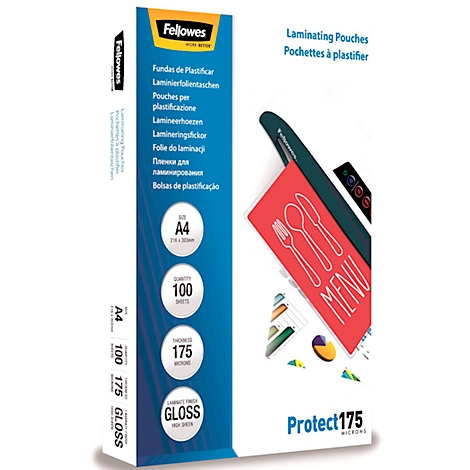 Packaging with laminating pouches. Printed information includes A4, 100 sheets, and 175 microns. An example of a laminated menu is visible.