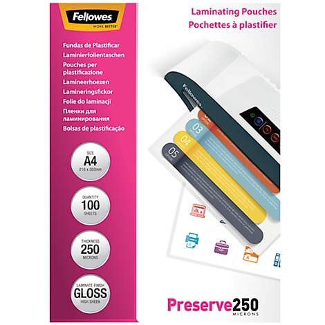 A laminating pouch pack with details on size, quantity and thickness, plus a colorful infographic design.