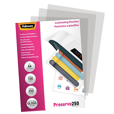Product image of laminating pouches with product description, A4, 250 microns and gloss.