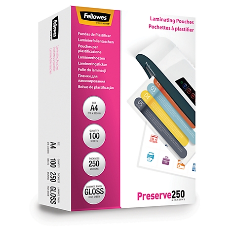 Fellowes laminating pouches in A4 size. Specifications on size, quantity of sheets and thickness are highlighted.
