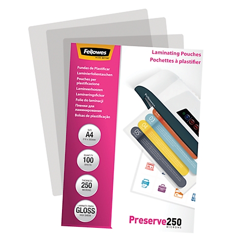 A pack of laminating pouches with product information. Left, the Fellowes logo and details on size, thickness and gloss.