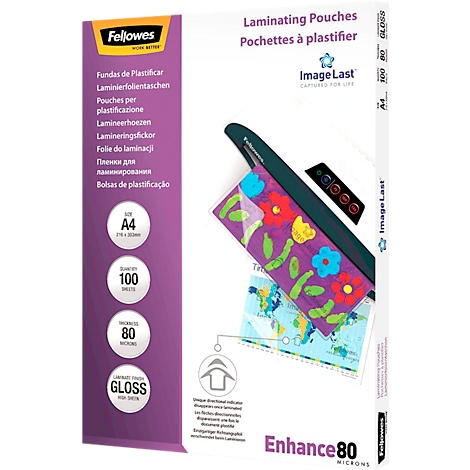 Product packaging with laminating pouches, A4 size, 100 sheets, 80 microns, glossy. Printed text and a design with flowers are visible.