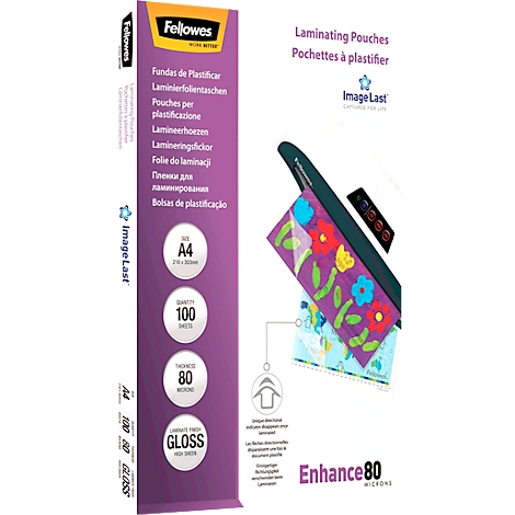 A purple Fellowes laminating pouches package next to a device showing a laminated card.