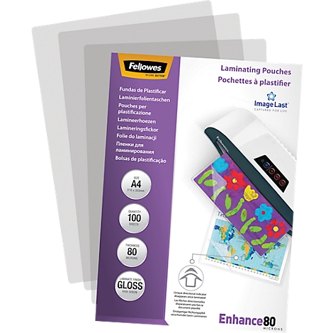 Transparent laminating pouches and a product box. The box reads "Fellowes" and information about laminating pouches, including size details.