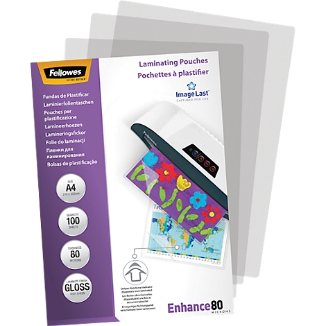 Product image: Pack of laminating pouches with laminated sheet inserted, details shown. Brand name and product details are readable.